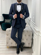 Navy Blue Slim Fit Tuxedo 3 Piece Peak Lapel Suit