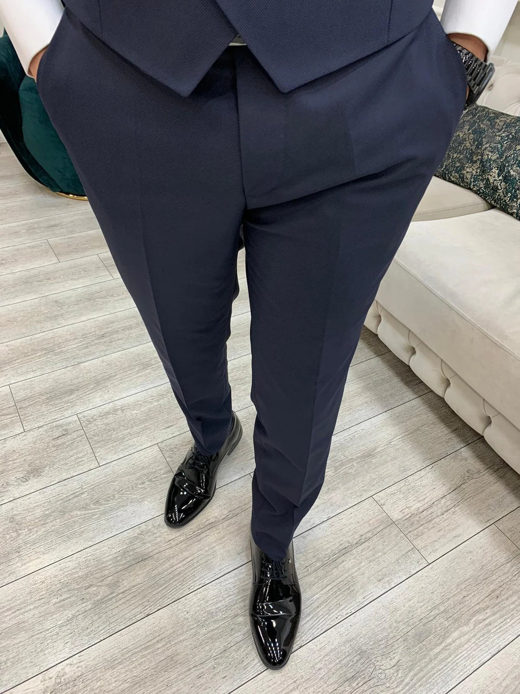 Navy Blue Slim Fit Tuxedo 3 Piece Peak Lapel Suit