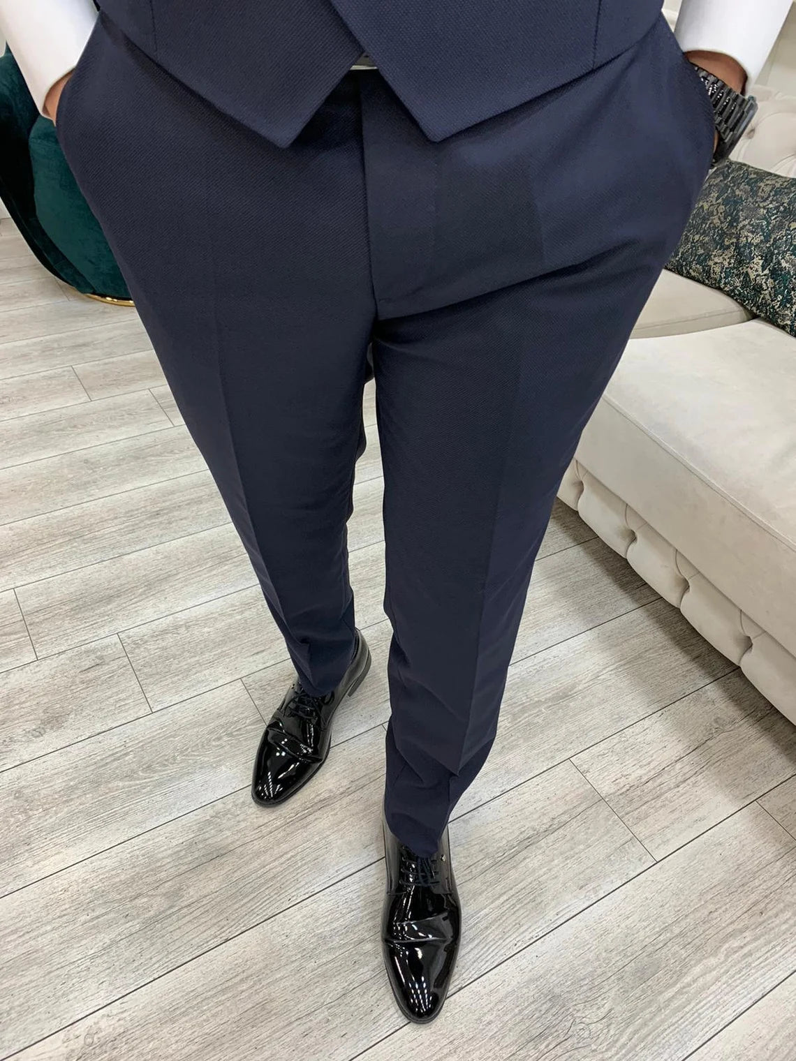 Navy Blue Slim Fit Tuxedo 3 Piece Peak Lapel Suit