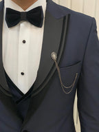 Navy Blue Slim Fit Tuxedo 3 Piece Peak Lapel Suit