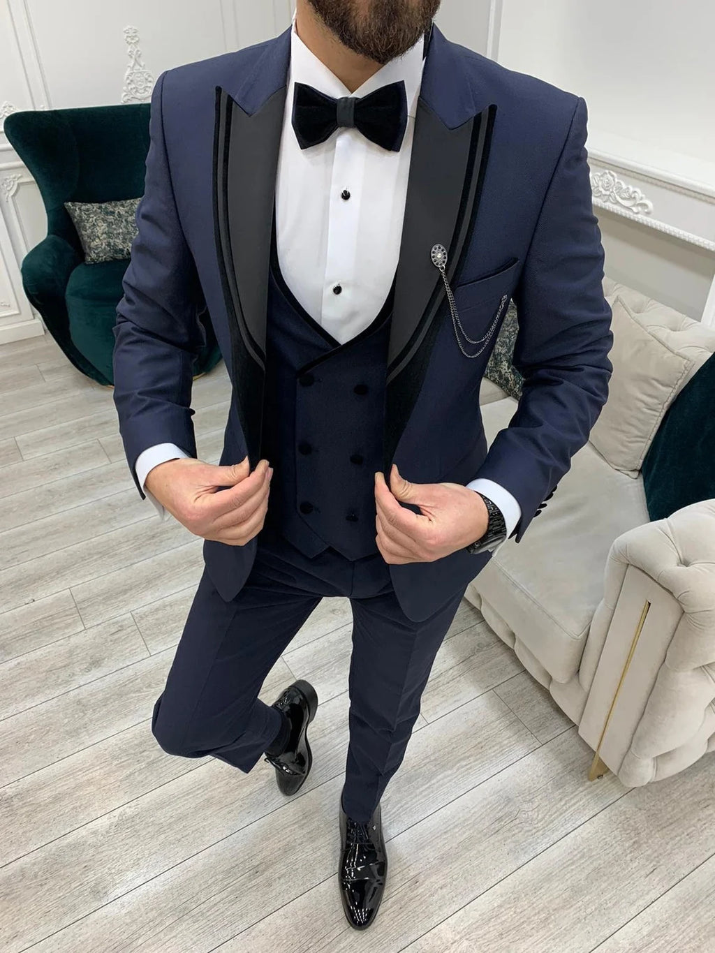 Navy Blue Slim Fit Tuxedo 3 Piece Peak Lapel Suit