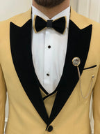 Yellow Velvet Peak Lapel Tuxedo Slim Fit 3 Piece Wedding Suit