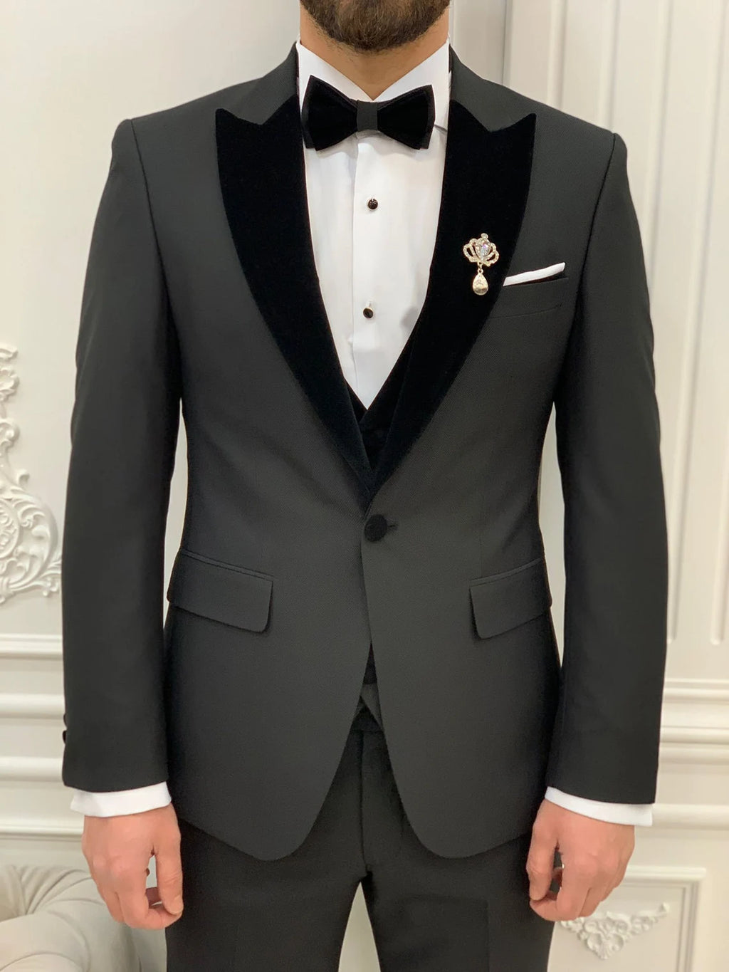 Black Velvet Tuxedo Suit Slim Fit Peak Lapel 3 Piece