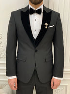 Black Velvet Tuxedo Suit Slim Fit Peak Lapel 3 Piece
