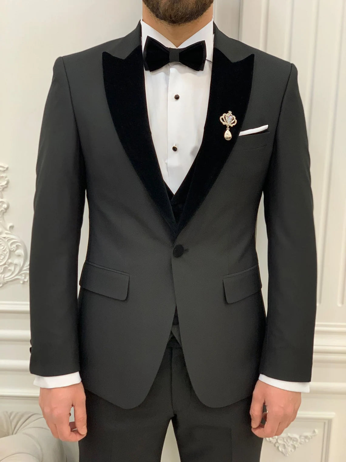 Black Velvet Tuxedo Suit Slim Fit Peak Lapel 3 Piece