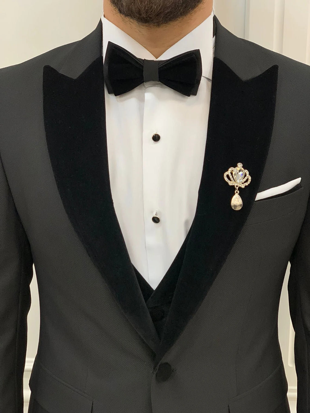 Black Velvet Tuxedo Suit Slim Fit Peak Lapel 3 Piece