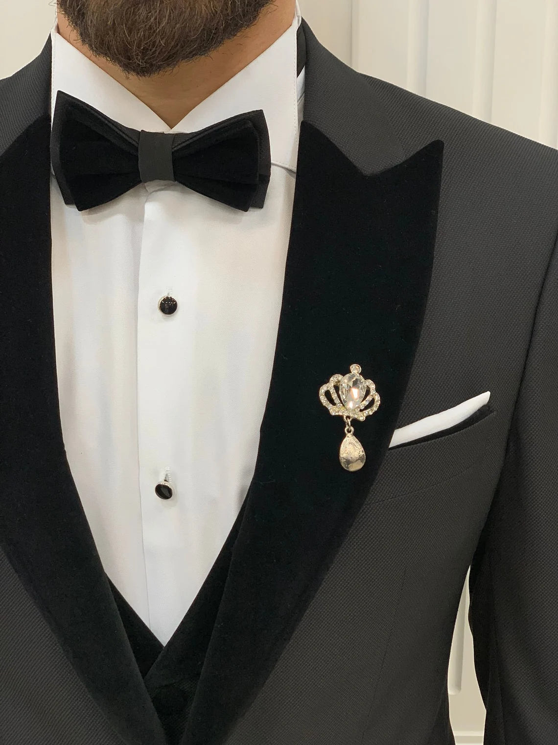 Black Velvet Tuxedo Suit Slim Fit Peak Lapel 3 Piece