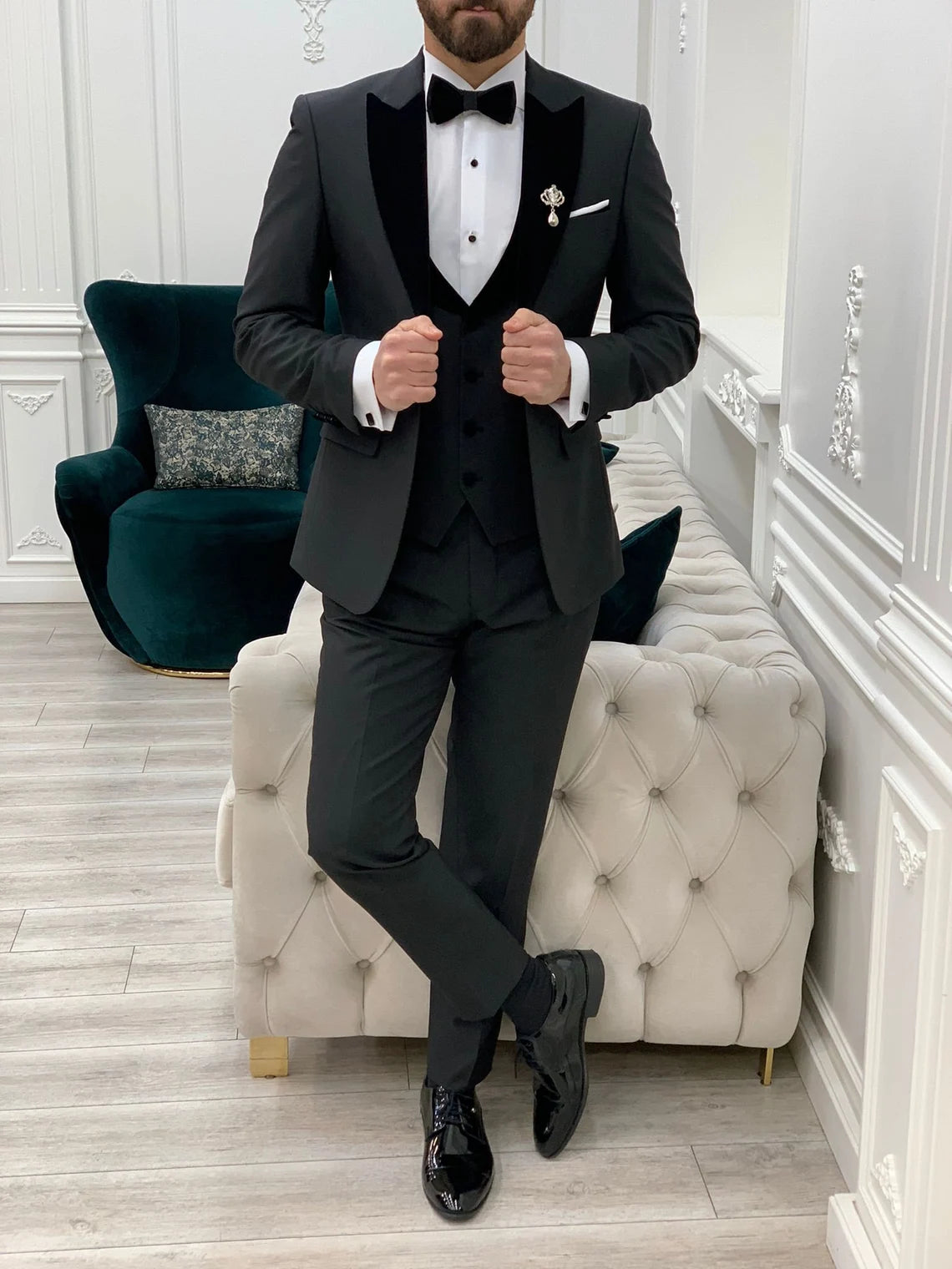 Black Velvet Tuxedo Suit Slim Fit Peak Lapel 3 Piece