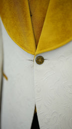 White Slim Fit Suit Yellow Velvet Lapel 3 Piece Wedding Tuxedo