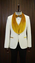 White Slim Fit Suit Yellow Velvet Lapel 3 Piece Wedding Tuxedo
