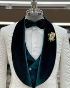 White & Green Shawl Lapel Tuxedo Slim Fit 3 Piece Suit