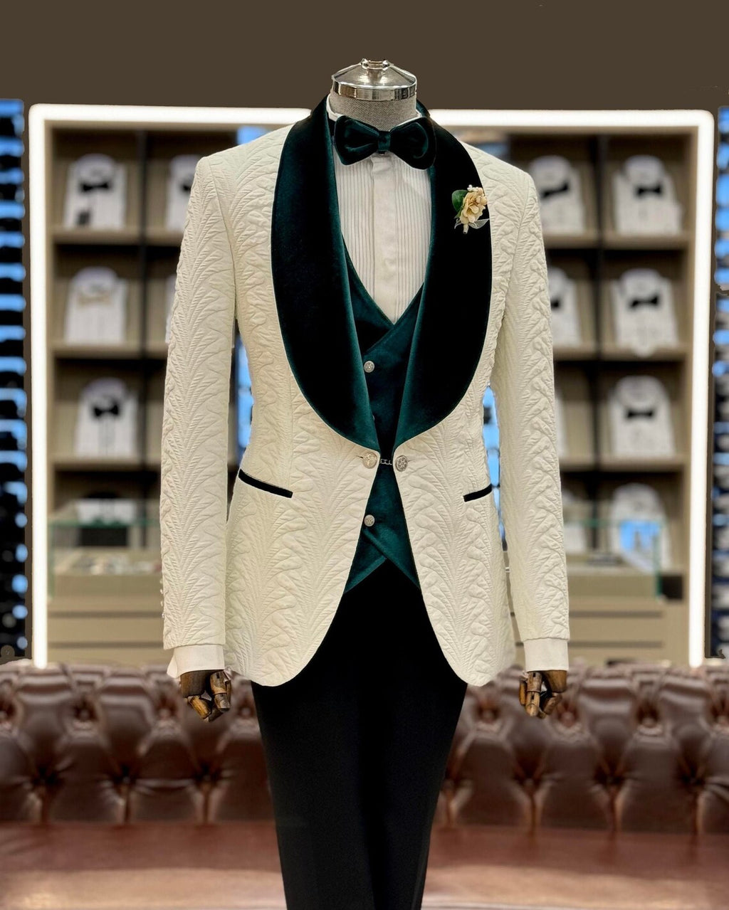 White & Green Shawl Lapel Tuxedo Slim Fit 3 Piece Suit