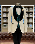 White & Green Shawl Lapel Tuxedo Slim Fit 3 Piece Suit