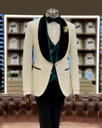 White & Green Shawl Lapel Tuxedo Slim Fit 3 Piece Suit