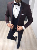 Men's Burgundy Satin Peak Lapel Slim Fit Tuxedo 3 Piece Suit