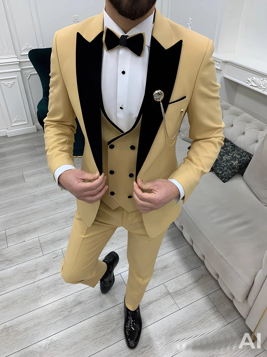 Yellow Velvet Peak Lapel Tuxedo Slim Fit 3 Piece Wedding Suit