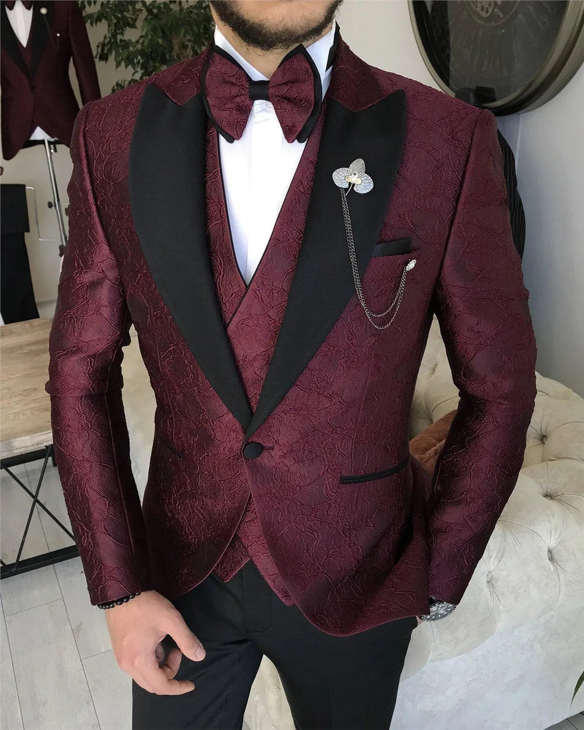Burgundy Red Slim Fit Tuxedo Men's 3 Piece Wedding Suit