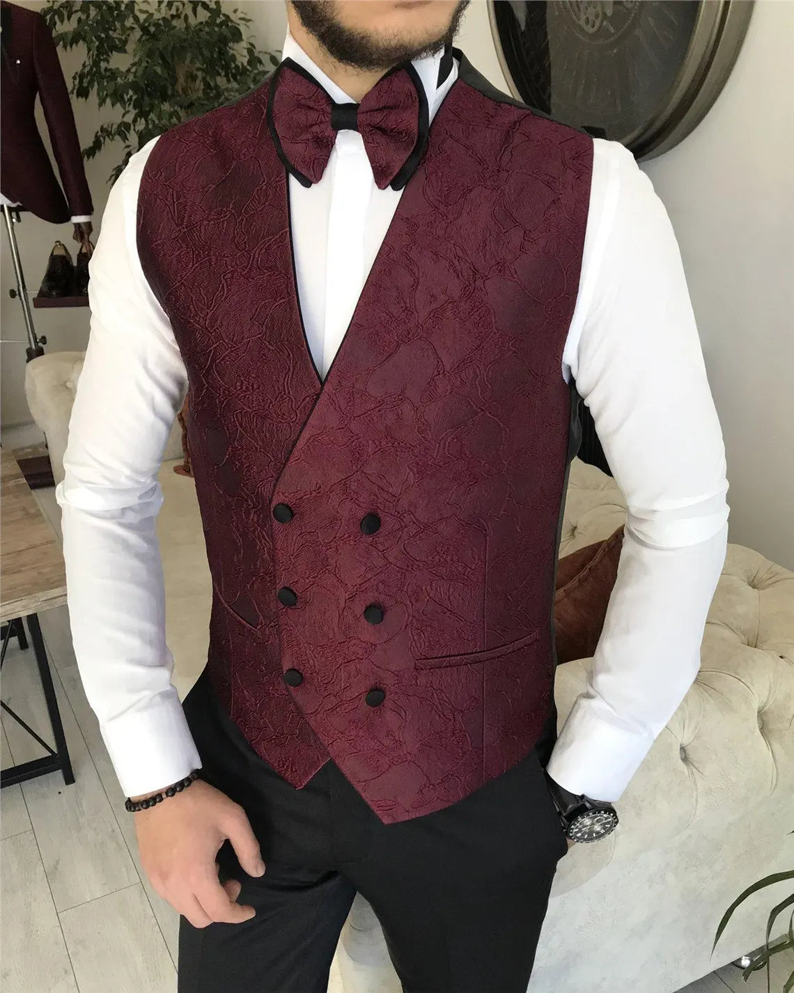 Burgundy Red Slim Fit Tuxedo Men's 3 Piece Wedding Suit