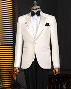 Men's Ecru Slim Fit Tuxedo 3 Piece Wedding Suit, Peak Lapel