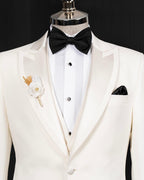 Men's Ecru Slim Fit Tuxedo 3 Piece Wedding Suit, Peak Lapel
