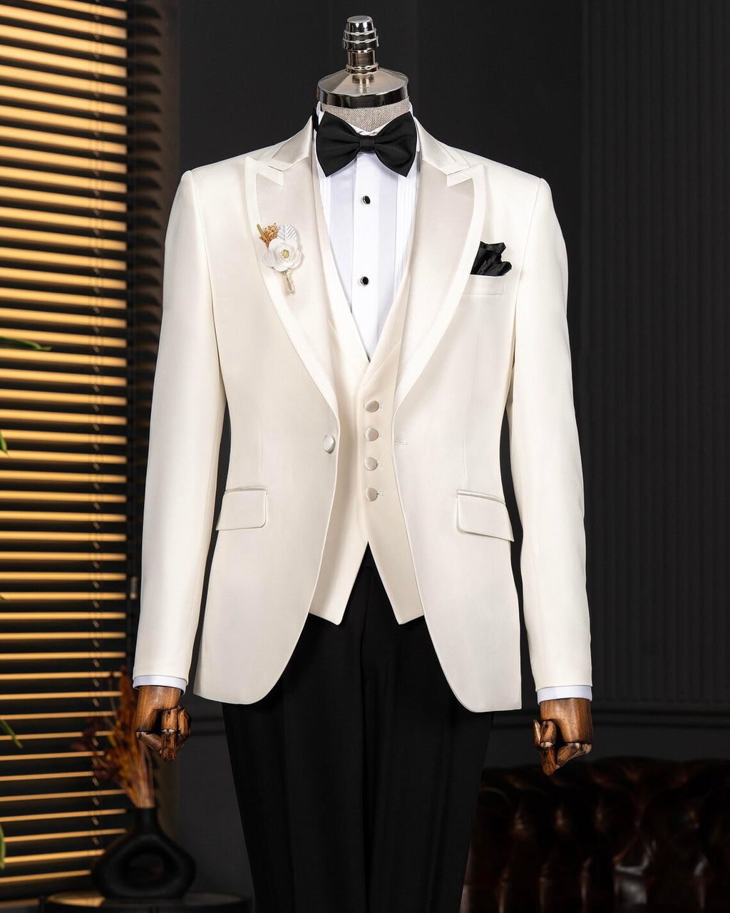 Men's Ecru Slim Fit Tuxedo 3 Piece Wedding Suit, Peak Lapel