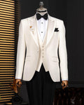 Men's Ecru Slim Fit Tuxedo 3 Piece Wedding Suit, Peak Lapel