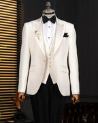 Men's Ecru Slim Fit Tuxedo 3 Piece Wedding Suit, Peak Lapel