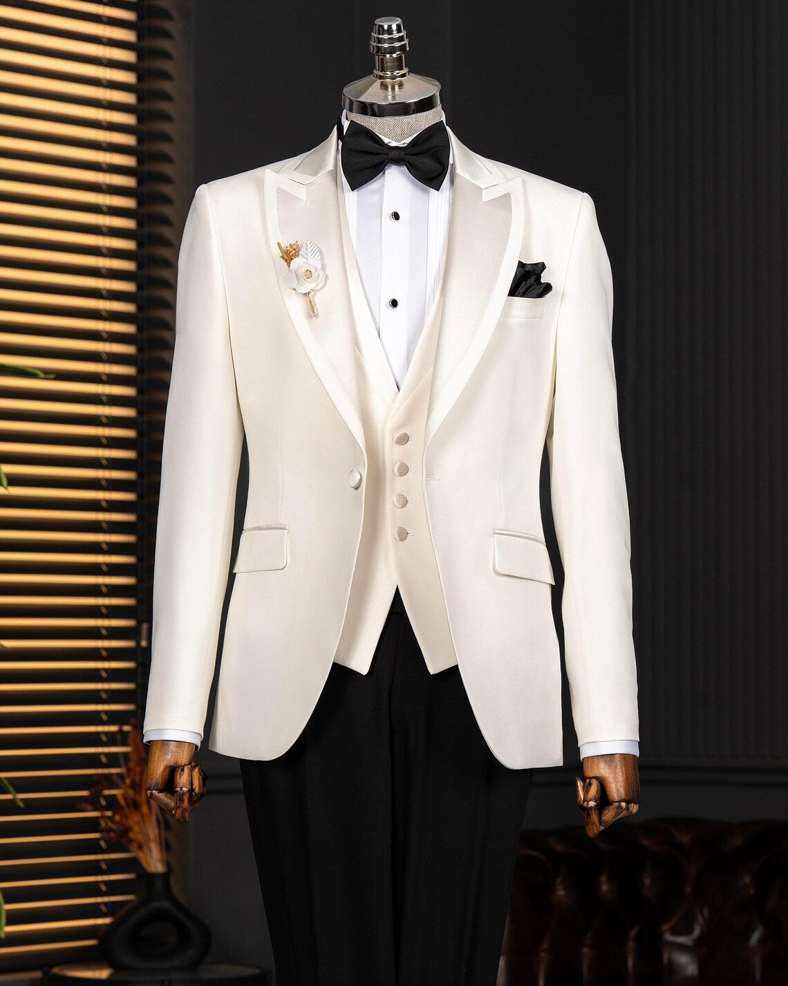 Men's Ecru Slim Fit Tuxedo 3 Piece Wedding Suit, Peak Lapel