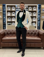 White & Green Shawl Lapel Tuxedo Slim Fit 3 Piece Suit