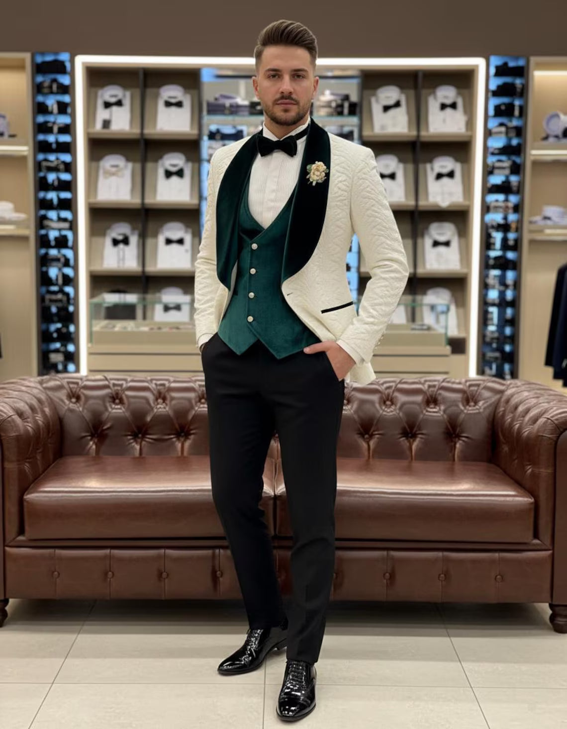 White & Green Shawl Lapel Tuxedo Slim Fit 3 Piece Suit