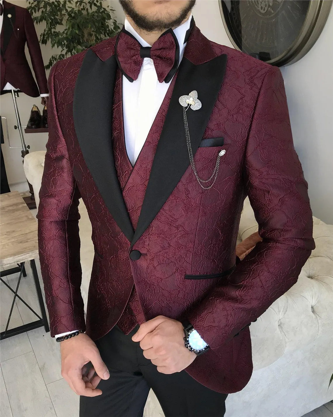 Burgundy Red Slim Fit Tuxedo Men's 3 Piece Wedding Suit