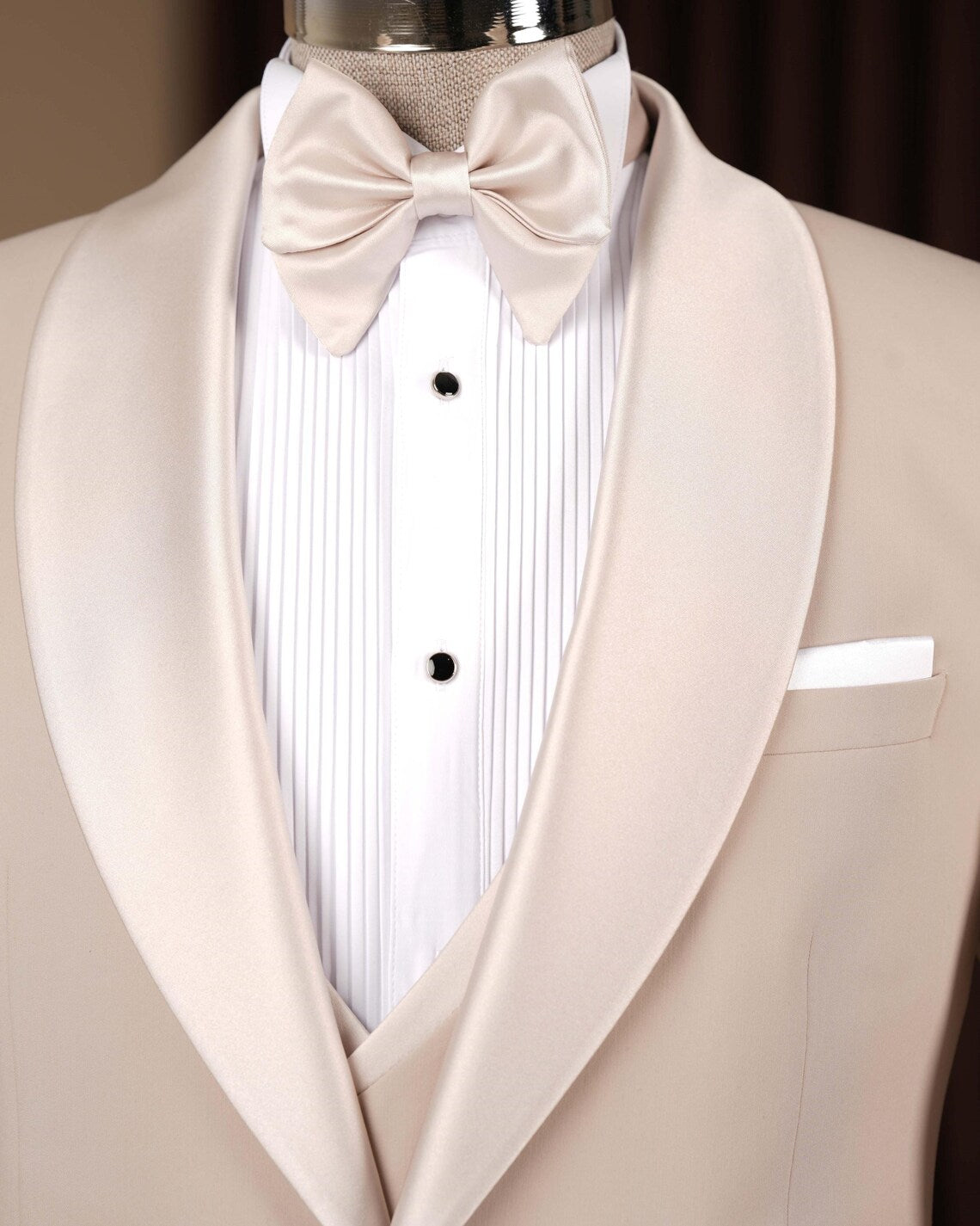 Beige Slim Fit Tuxedo Suit 3 Piece Shawl Collar Wedding Suit