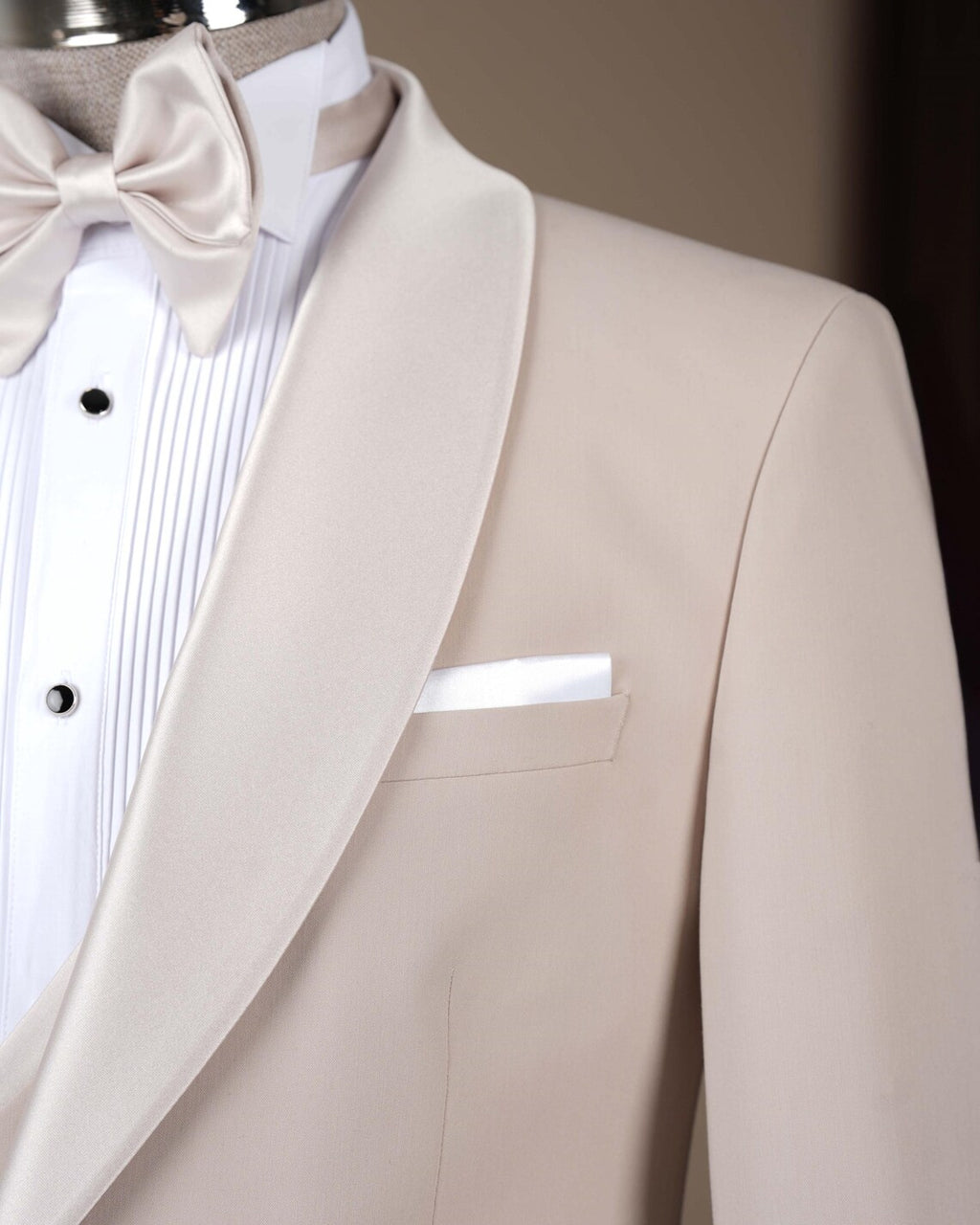 Beige Slim Fit Tuxedo Suit 3 Piece Shawl Collar Wedding Suit