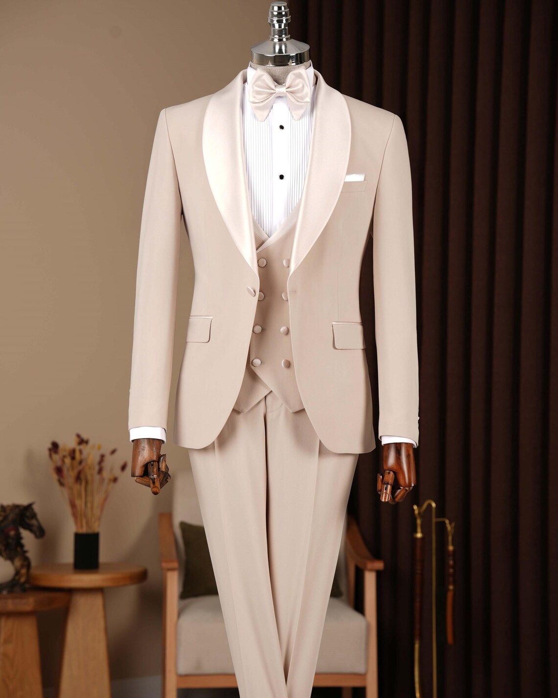 Beige Slim Fit Tuxedo Suit 3 Piece Shawl Collar Wedding Suit
