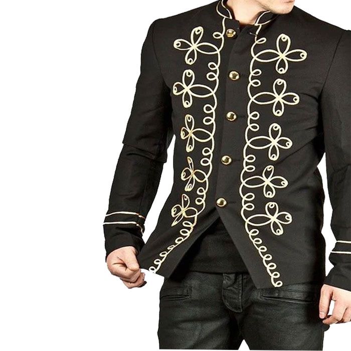 Men Handmade Gold Embroidery Black Military Napoleon Hook Jacket Cotton