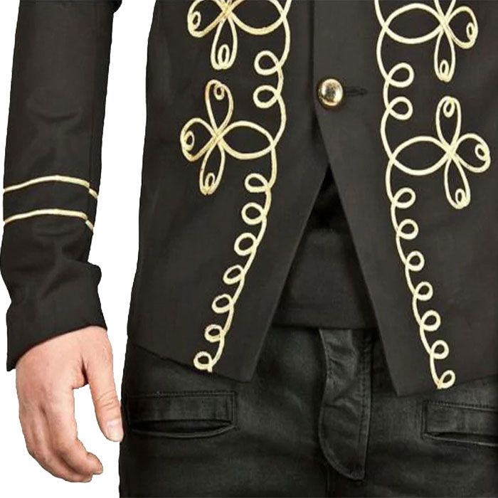 Men Handmade Gold Embroidery Black Military Napoleon Hook Jacket Cotton