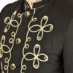 Men Handmade Gold Embroidery Black Military Napoleon Hook Jacket Cotton