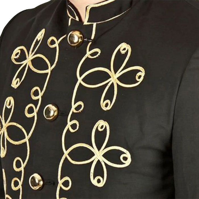 Men Handmade Gold Embroidery Black Military Napoleon Hook Jacket Cotton