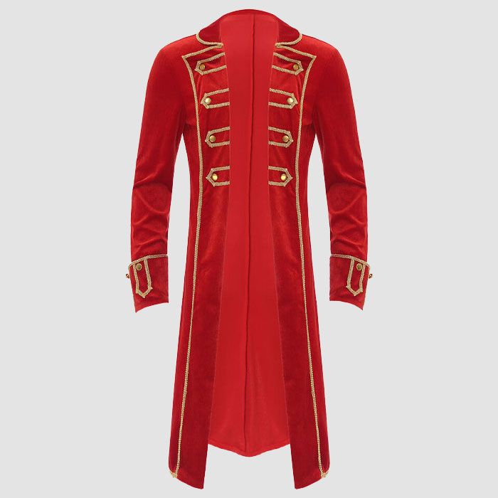 Mens Halloween Pirate Captain Cosplay Costume Lapel Gold Trims Tailcoat Jacket