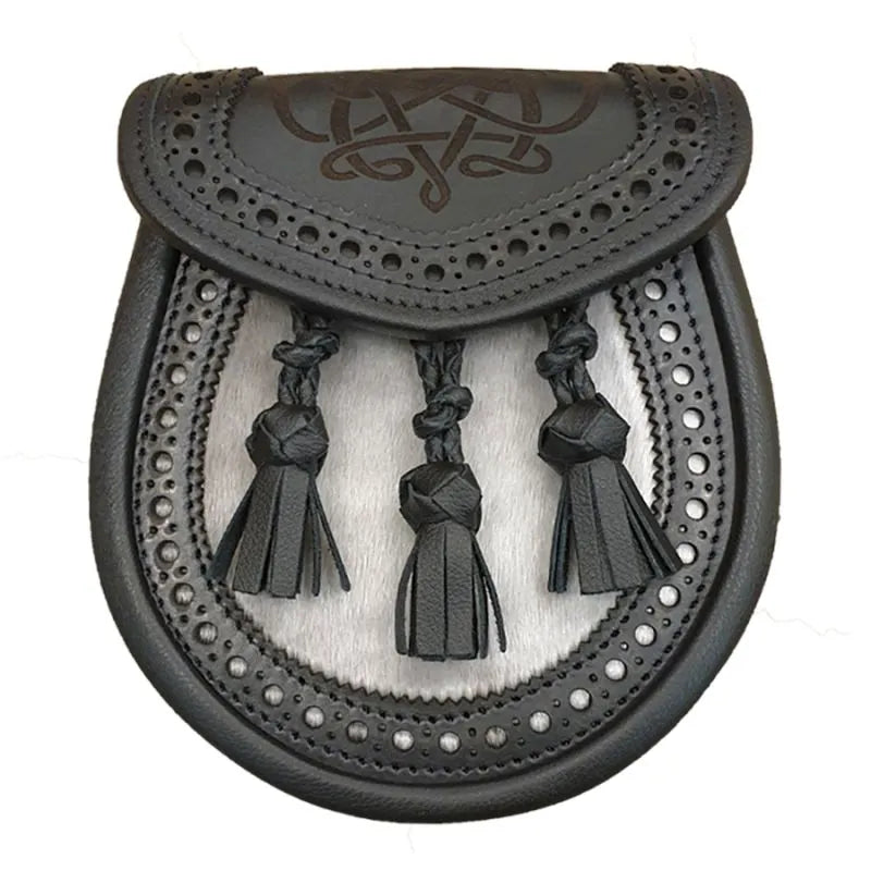 Semi Dress Sporran with Black Brogued and Laser Etched Leather Stag with Leather Tassels