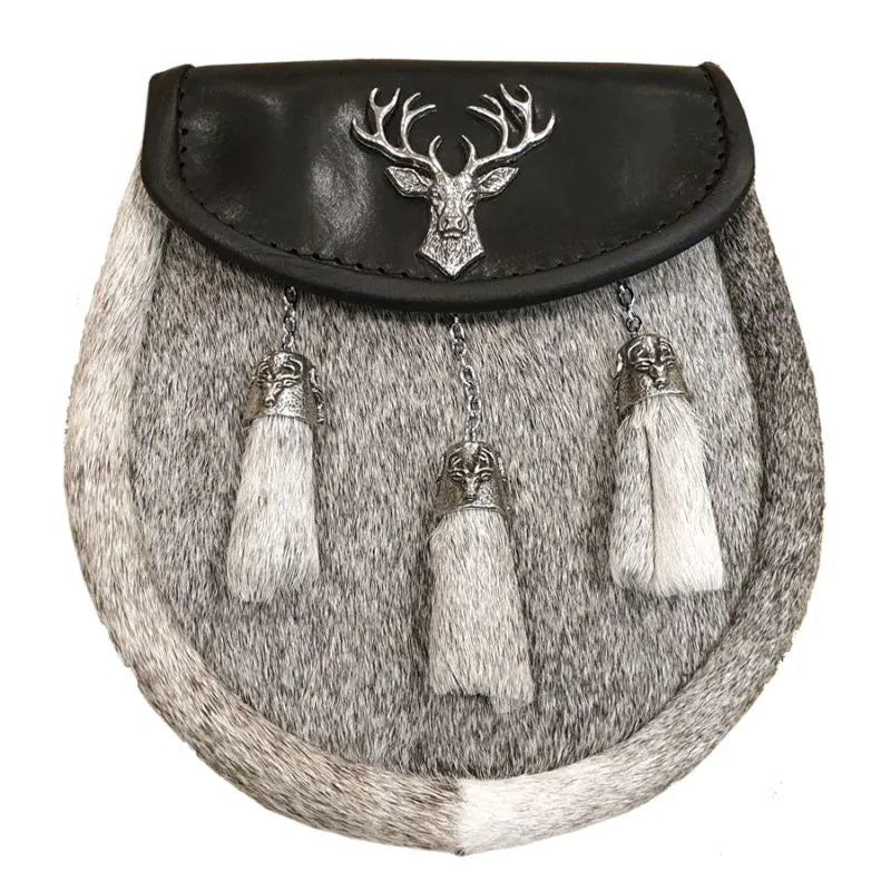 Semi Dress Sporran with Stag on Black Leather with 3 Celtic Chain Tassels
