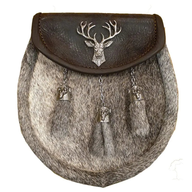 Semi Dress Sporran with Stag on Brown Leather with 3 Celtic Chain Tassels