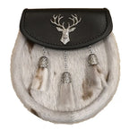 Semi Dress Sporran with Stag on Black Leather with 3 Celtic Chain Tassels