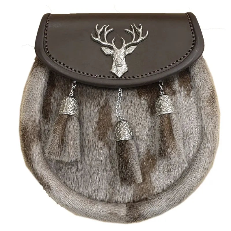 Semi Dress Sporran with Stag on Brown Leather top and 3 Celtic Chain Tassels