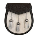 Semi Dress Sporran with Laser Etched Black Leather Flap and Chrome Tassels