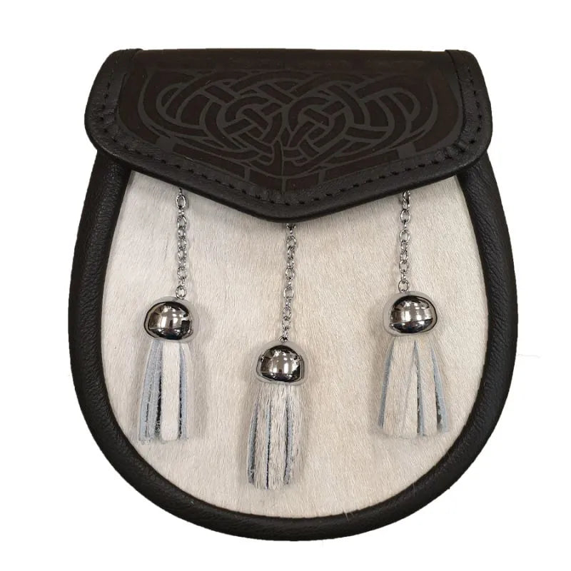 Semi Dress Sporran with Laser Etched Black Leather Flap and Chrome Tassels