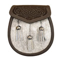 Skin Semi Dress Sporran with Laser Etched Brown Leather Flap and Chrome Tassels