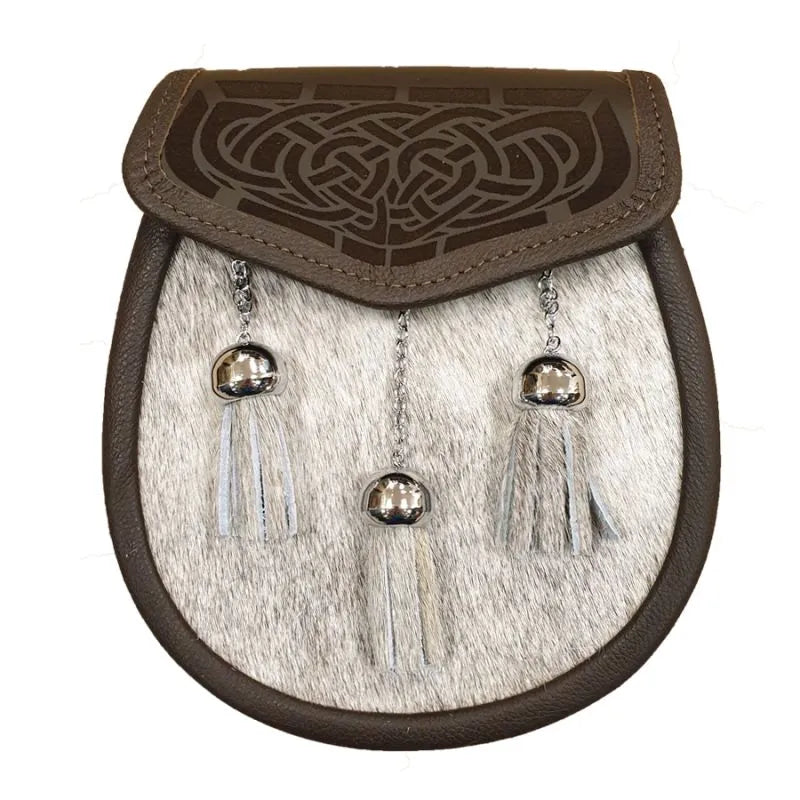 Skin Semi Dress Sporran with Laser Etched Brown Leather Flap and Chrome Tassels