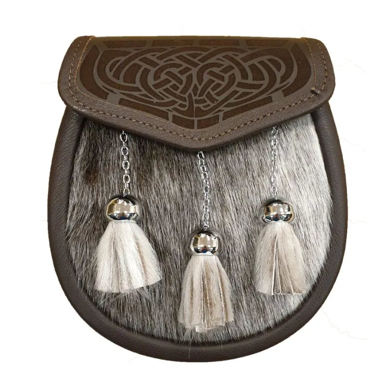 Semi Dress Sporran with Laser Etched Brown Leather Flap and Chrome Tassels