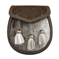 Semi Dress Sporran with Laser Etched Brown Leather Flap and Chrome Tassels
